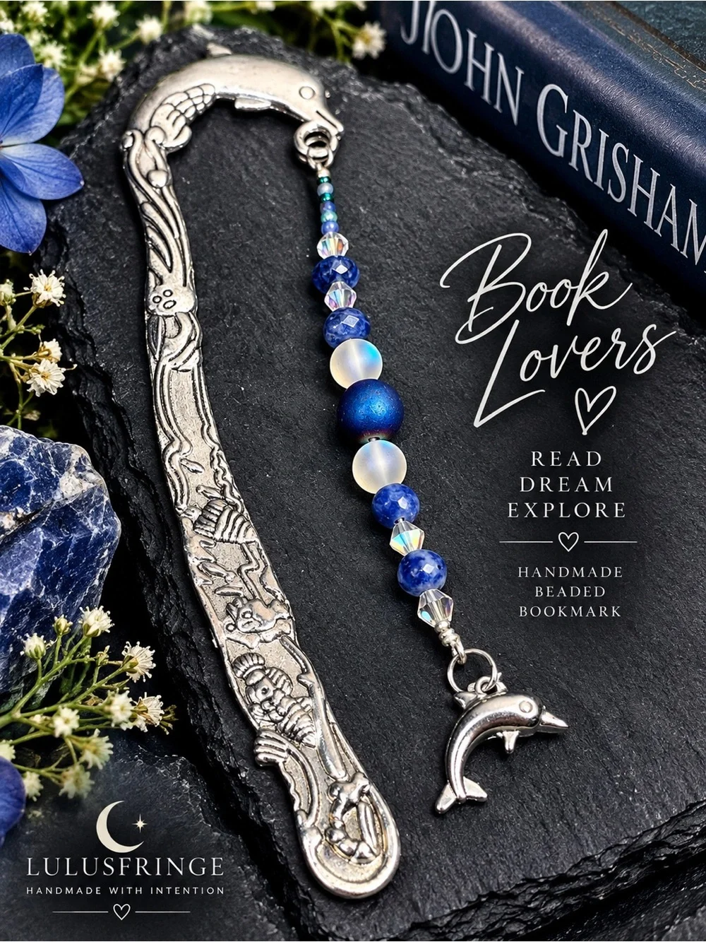 Sodalite and Blue Quartz Beaded Metal Bookmark with Silver Dolphin Charm